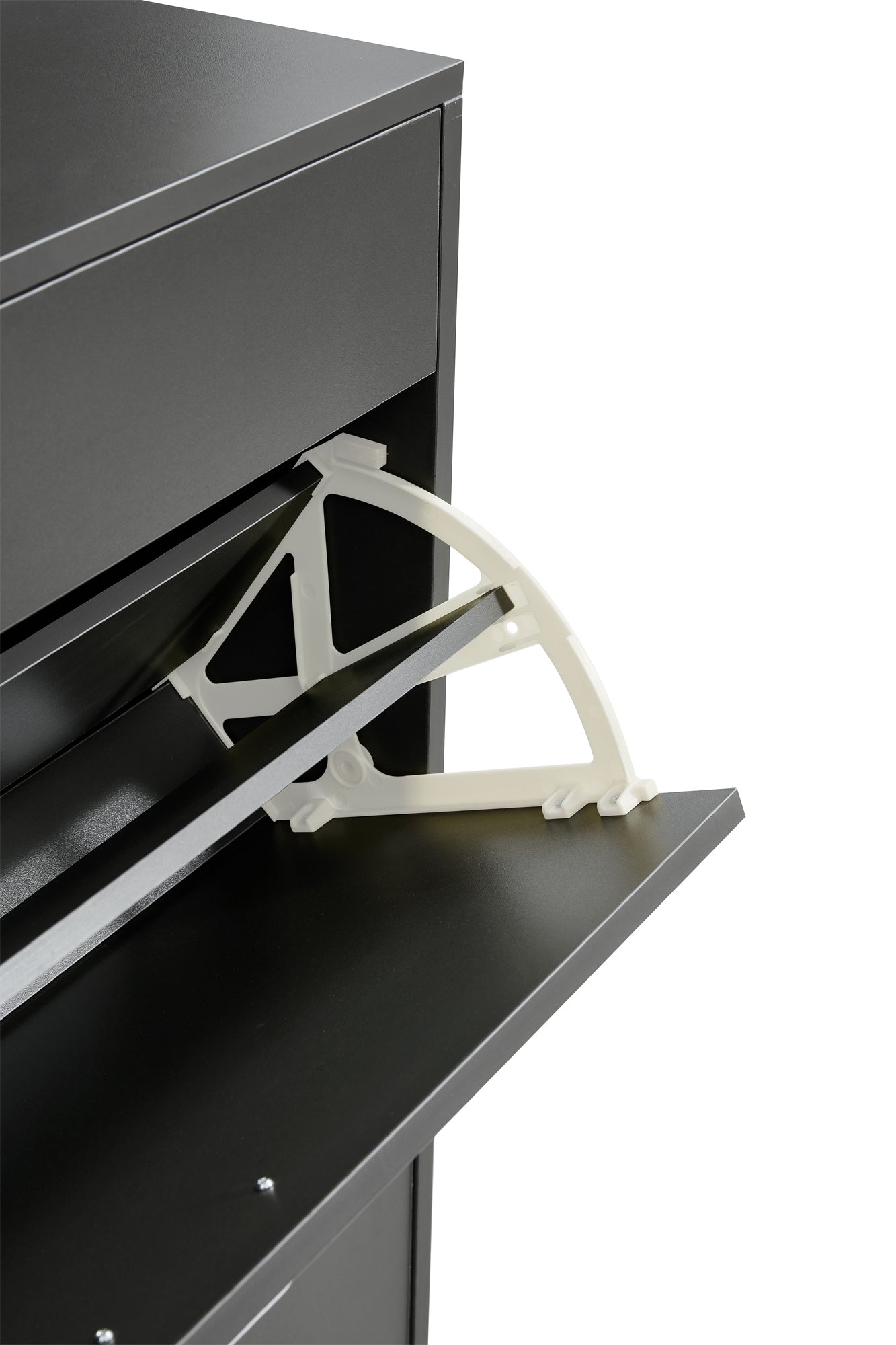 Black shoe cabinet with open shelves for footwear storage