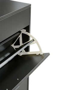 Black shoe cabinet with open shelves for footwear storage
