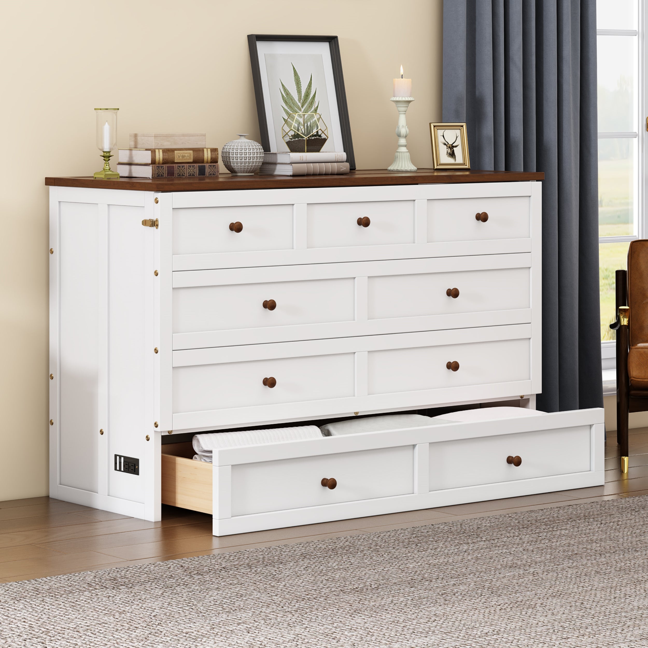 White and walnut queen Murphy bed chest in closed position