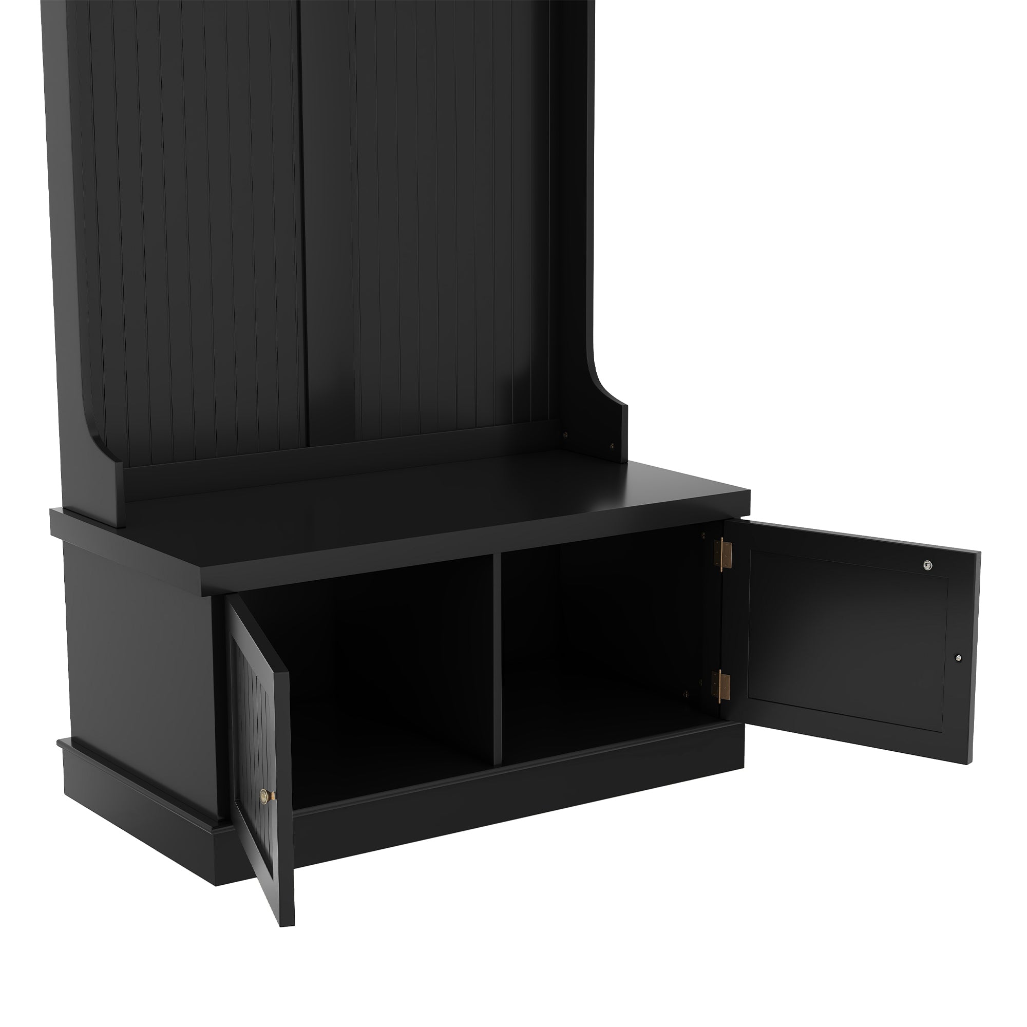 Black 4-in-1 hall tree with storage bench and coat hooks, front view

