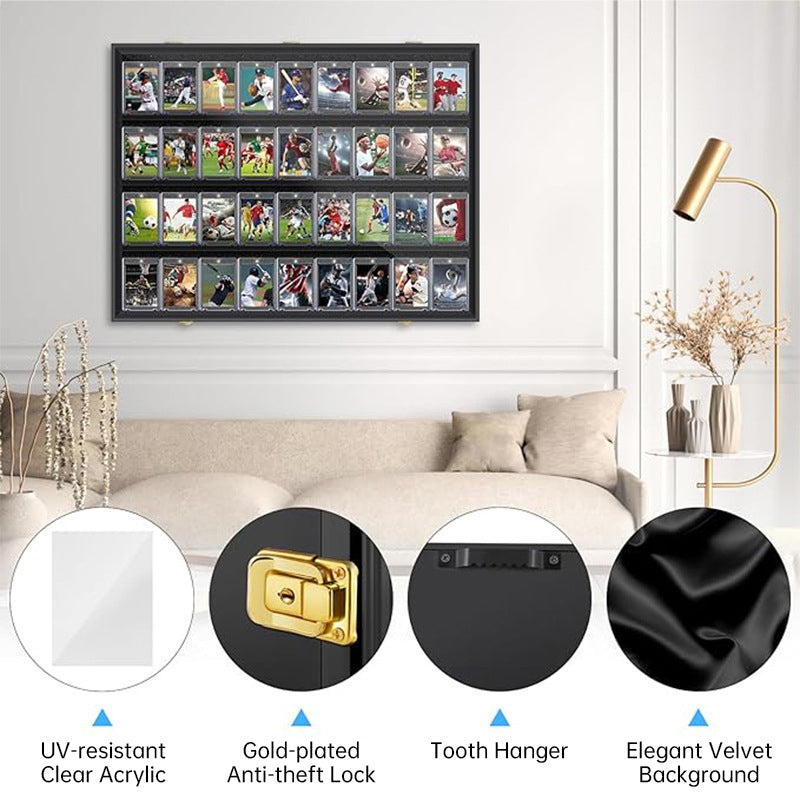 Wood-framed sports card display case mounted on wall