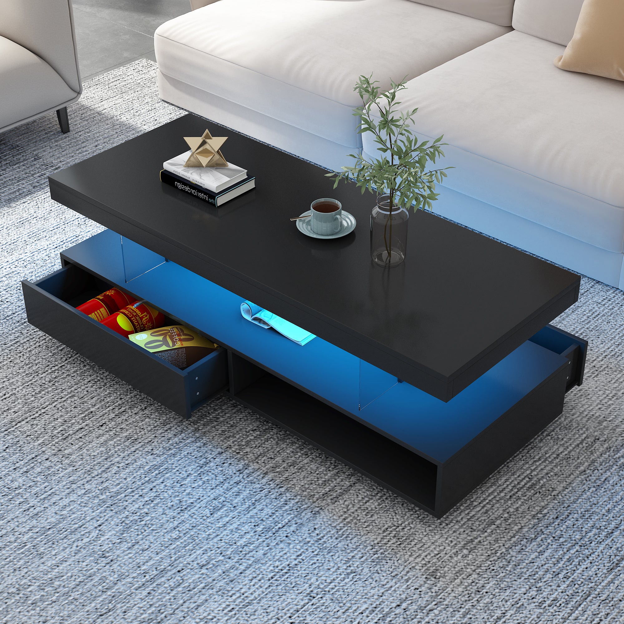 U-Can black LED coffee table with drawers and display shelf
