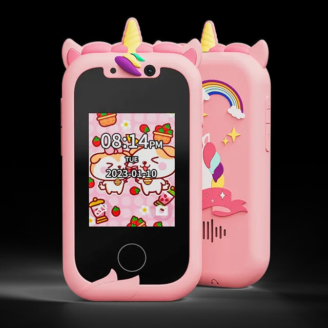 Kids smartphone camera toy with touchscreen, designed for 3-12-year-olds, doubles as an MP3 player and educational gift.

