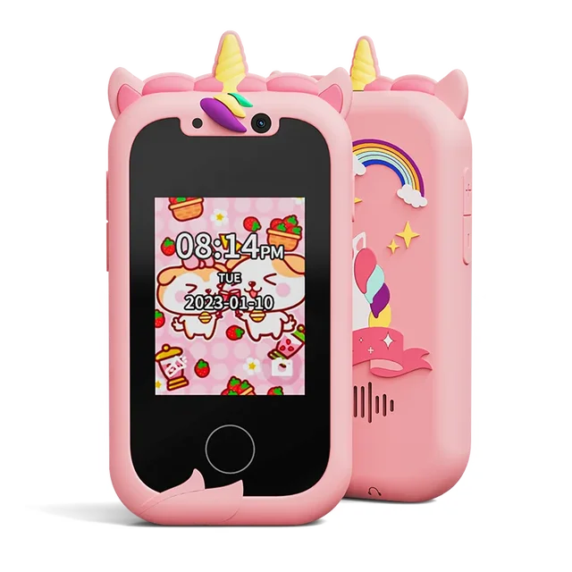 Kids smartphone camera toy with touchscreen, designed for 3-12-year-olds, doubles as an MP3 player and educational gift.

