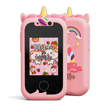 Kids smartphone camera toy with touchscreen, designed for 3-12-year-olds, doubles as an MP3 player and educational gift.

