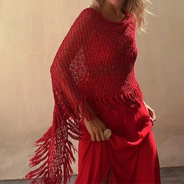 Bohemian Bat Sleeve Tassel Knit Hoodie Cape for Women – Oversized Pullover Sweater

