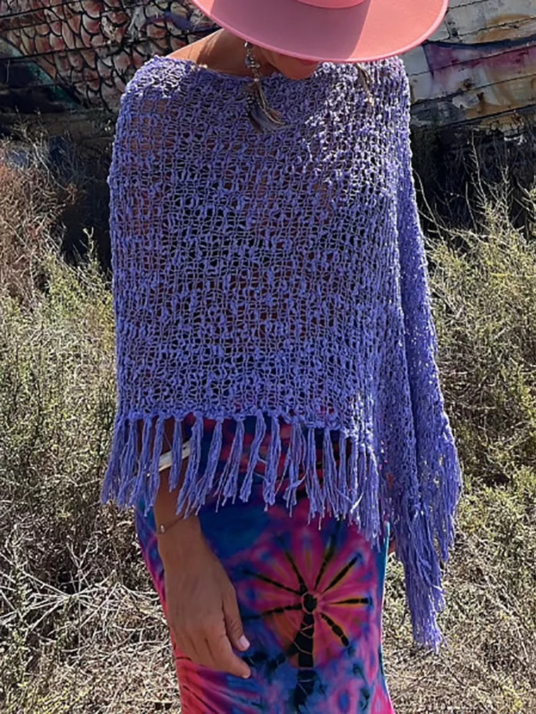 Bohemian Bat Sleeve Tassel Knit Hoodie Cape for Women – Oversized Pullover Sweater

