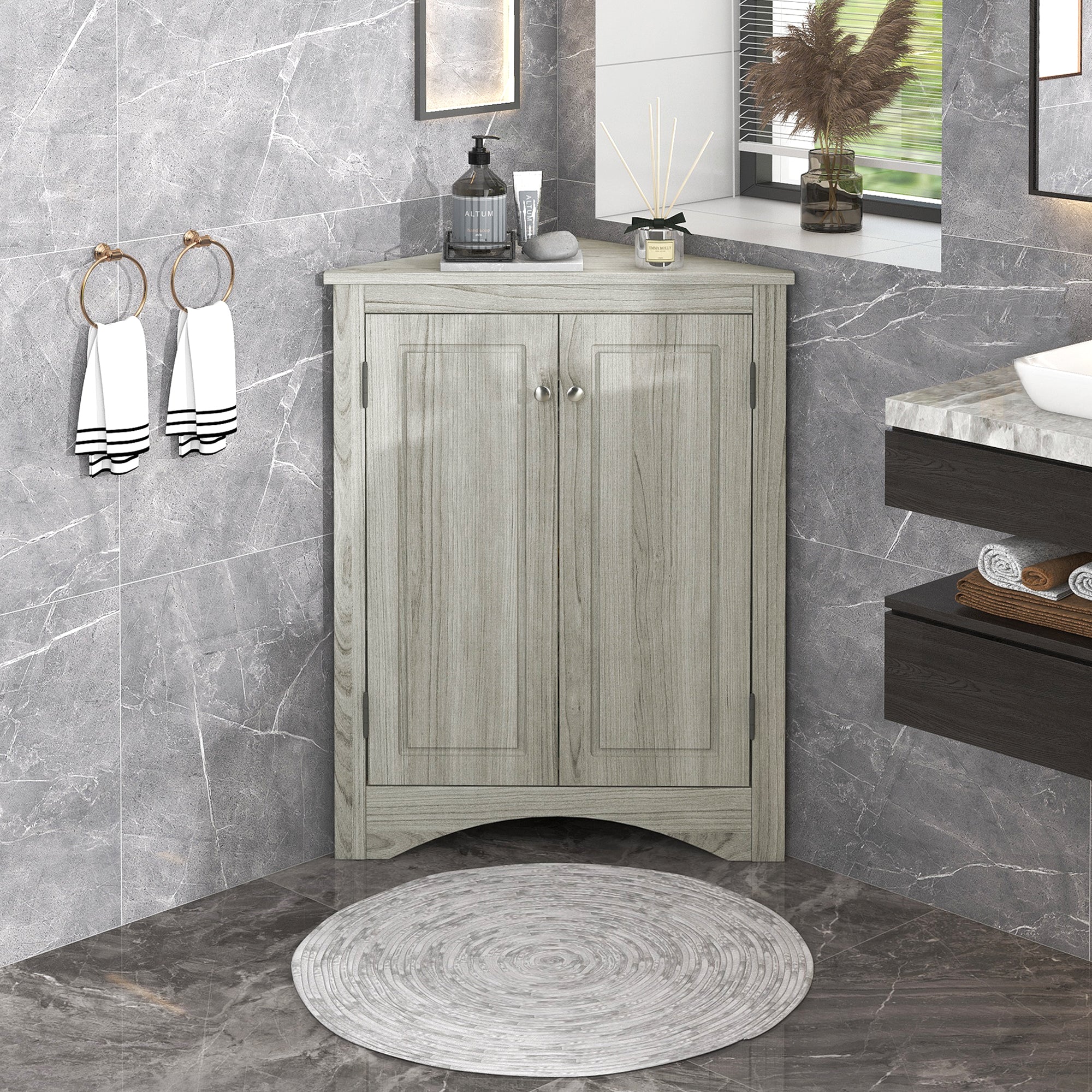 Oak triangle bathroom storage cabinet with a stylish, space-saving design, featuring multiple shelves for organizing toiletries, towels, and other bathroom essentials. Crafted from durable oak wood, this elegant cabinet adds both functionality and natural charm to any bathroom
