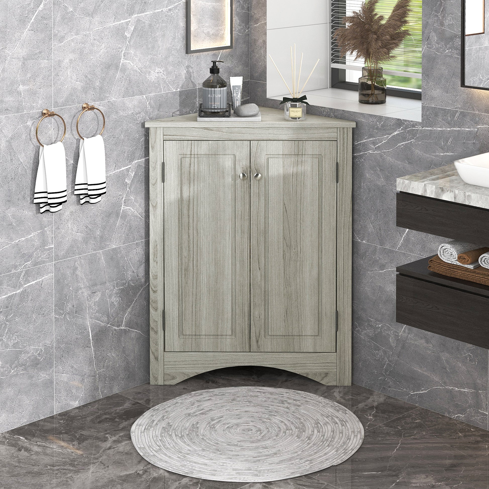 Oak triangle bathroom storage cabinet with a stylish, space-saving design, featuring multiple shelves for organizing toiletries, towels, and other bathroom essentials. Crafted from durable oak wood, this elegant cabinet adds both functionality and natural charm to any bathroom

