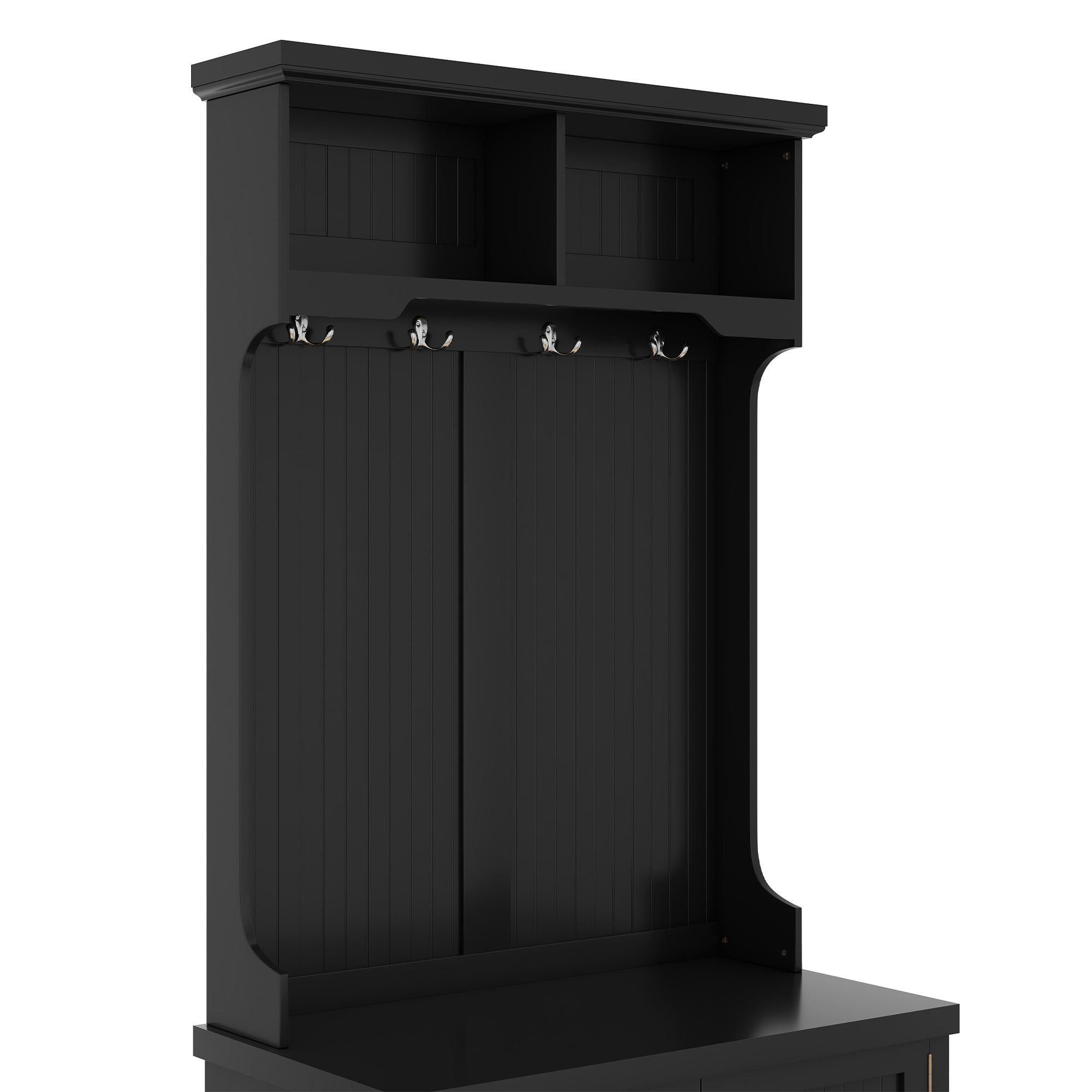 Black 4-in-1 hall tree with storage bench and coat hooks, front view


