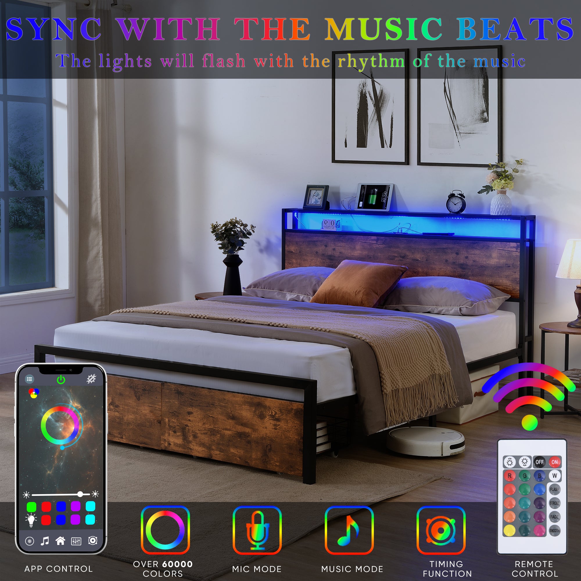 Full-size bed frame with LED headboard, drawers, and charging ports