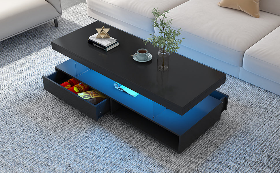 U-Can black LED coffee table with drawers and display shelf