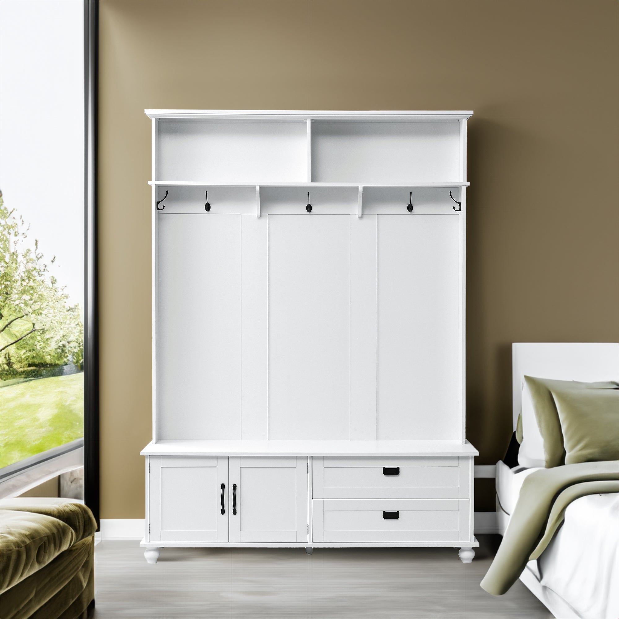 ON-TREND white hall tree with bench, coat hooks, drawers, and cabinet