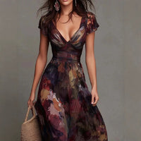 Elegant Deep V-Neck Painted Print Fitted Waist Flowy Chiffon Maxi Dress Hot Deal Warehouse