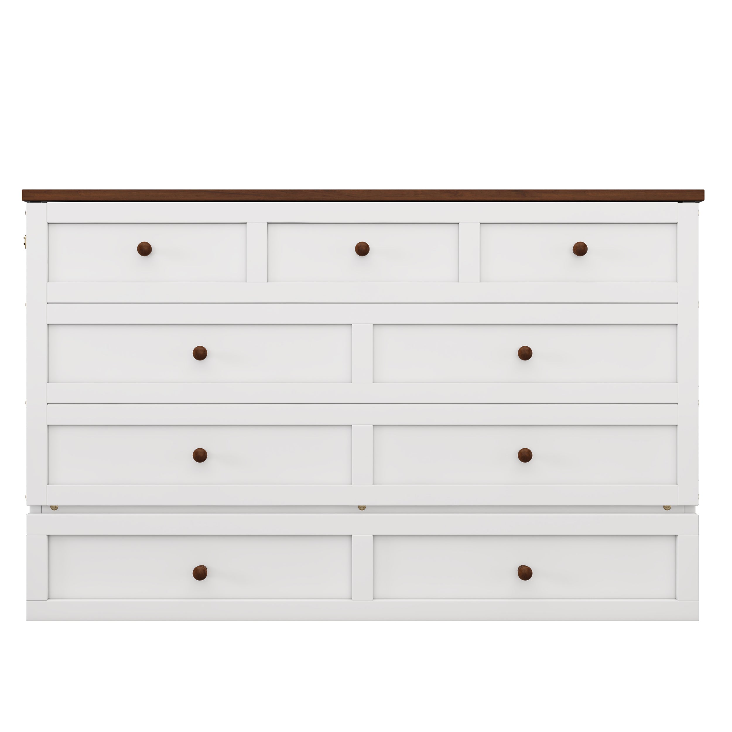 White and walnut queen Murphy bed chest in closed position
