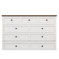 White and walnut queen Murphy bed chest in closed position
