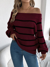 Women's striped off-shoulder sweater with long sleeves, front view

