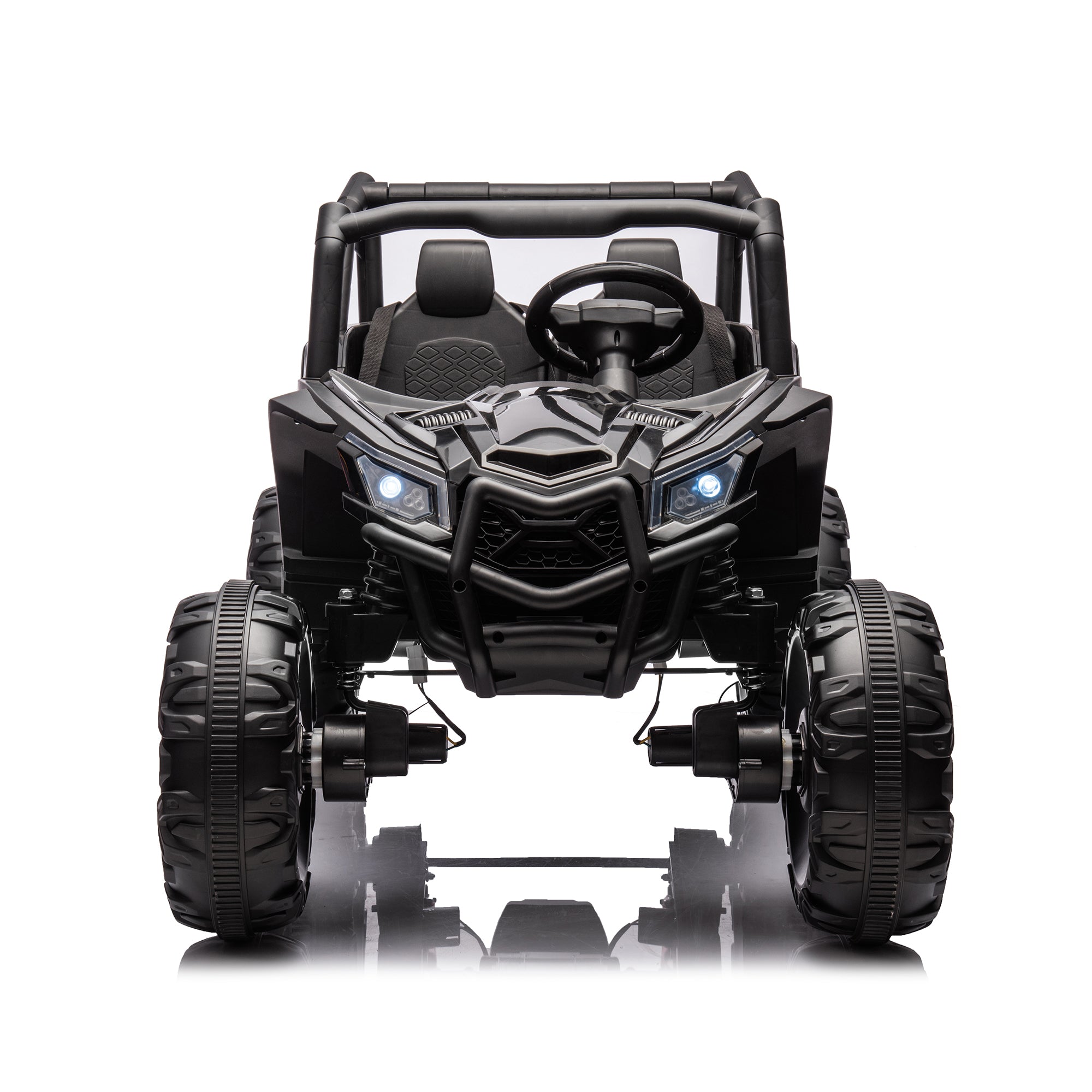 Side by side 4x4 ride-on truck for kids, featuring a durable design with working headlights, adjustable seat, and forward/reverse motion. Equipped with realistic off-road tires and easy-to-use controls, this electric truck provides an exciting outdoor adventure for children ages 3-7