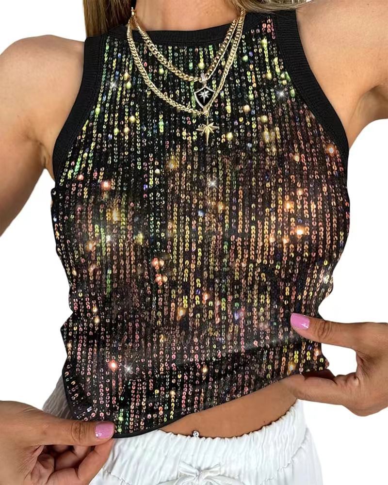 Sexy Cropped Sleeveless Sequin Leopard Print Vest – Bold leopard print with shimmering sequins for a standout look.








