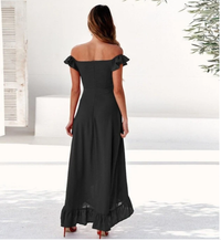 Women's sloping shoulder ruffle long dress, an elegant and stylish evening gown for special occasions.

