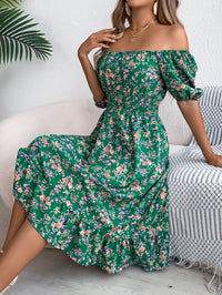 Women's floral print square collar dress with ruffle details, perfect for summer fashion and casual outings.

