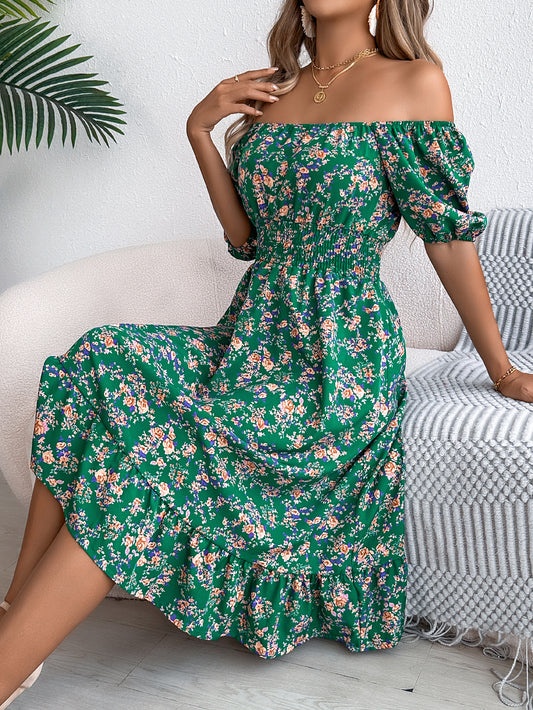 Women's floral print square collar dress with ruffle details, perfect for summer fashion and casual outings.

