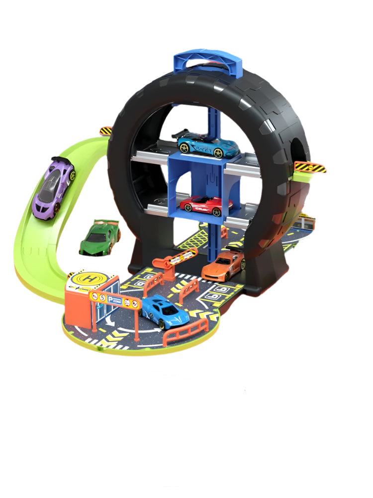 Children’s tire-shaped parking lot toy with alloy cars, educational multi-level track playset for toddlers and young kids.








