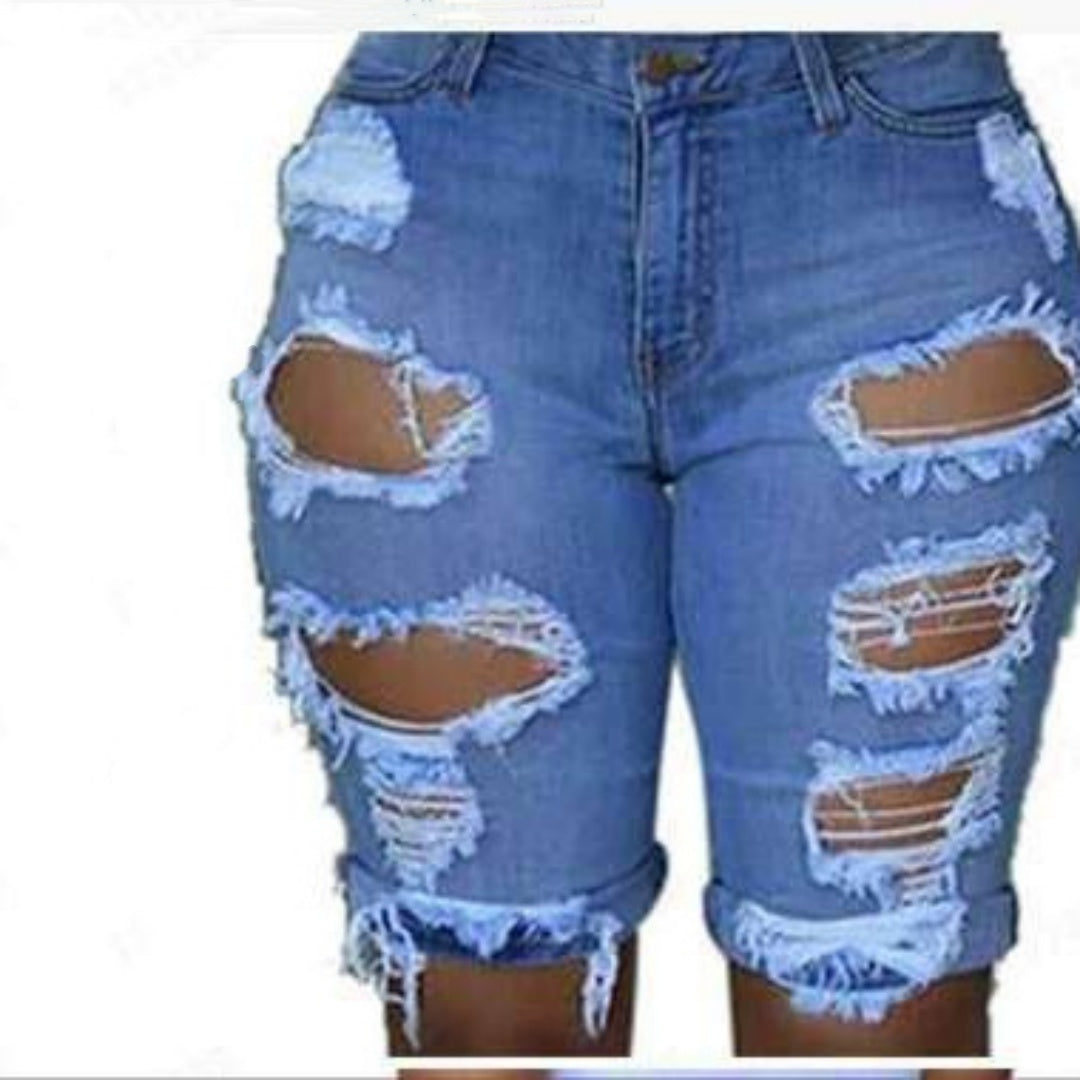 Fashion High Waist Ripped Denim Shorts for Women featuring a flattering high-waisted fit and trendy ripped detailing for a stylish, casual look.