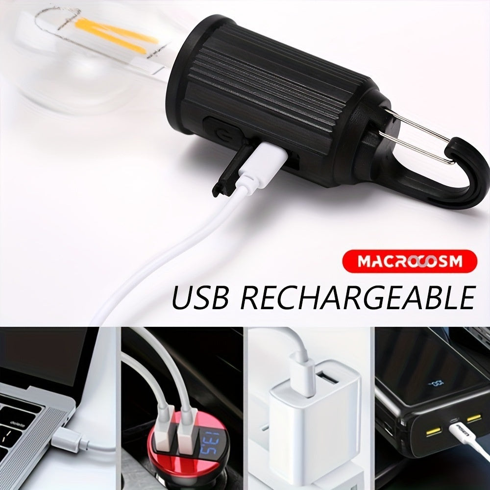 Solar-powered camping lantern with tungsten bulb hanging in a tent outdoors

