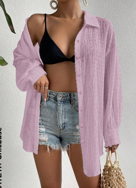 Women’s drop shoulder button front kimono long sleeve top with relaxed fit and button detailing.


