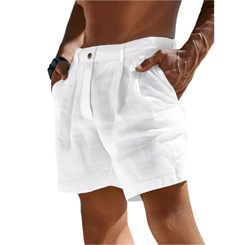 Men’s lightweight linen shorts with button pocket, breathable and stylish for summer wear.








