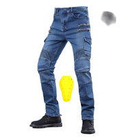 Men’s motorcycle riding jeans with reinforced knee and hip protection, durable denim, and a stylish biker design.