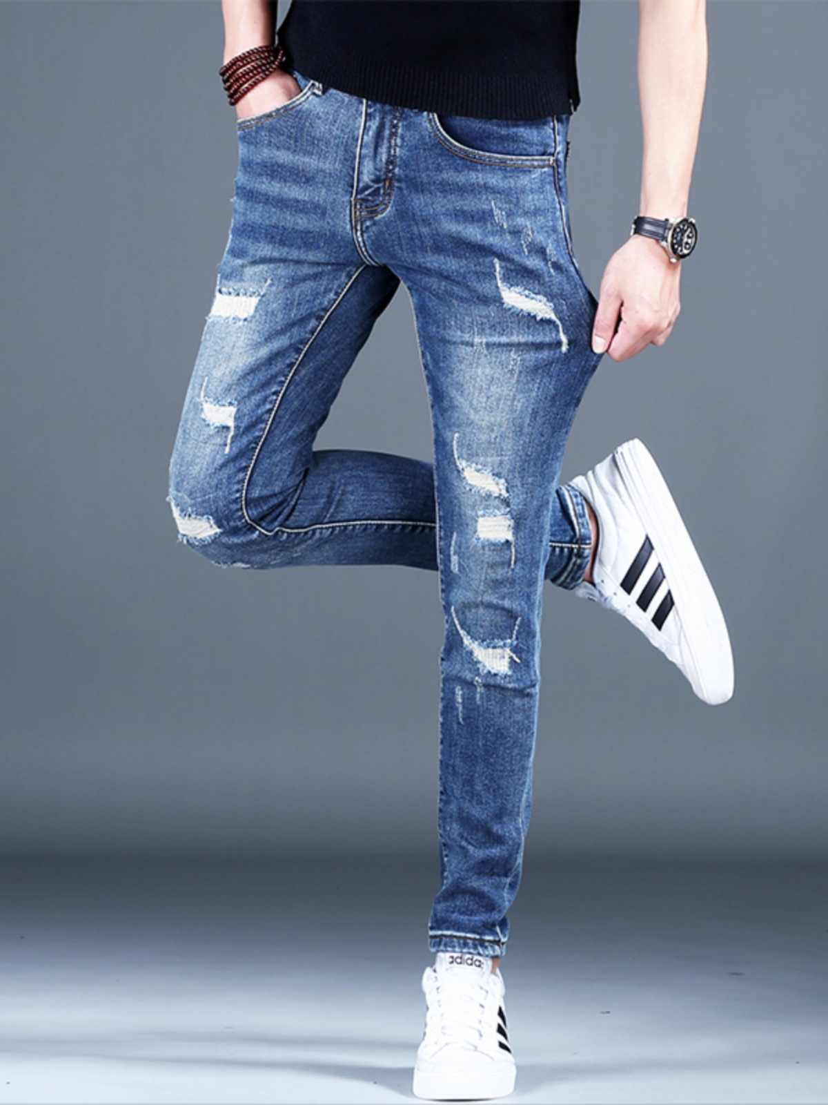 Men’s Ripped Fleece Padded Jeans – slim-fit, stretchable, and fleece-lined for warmth and style.