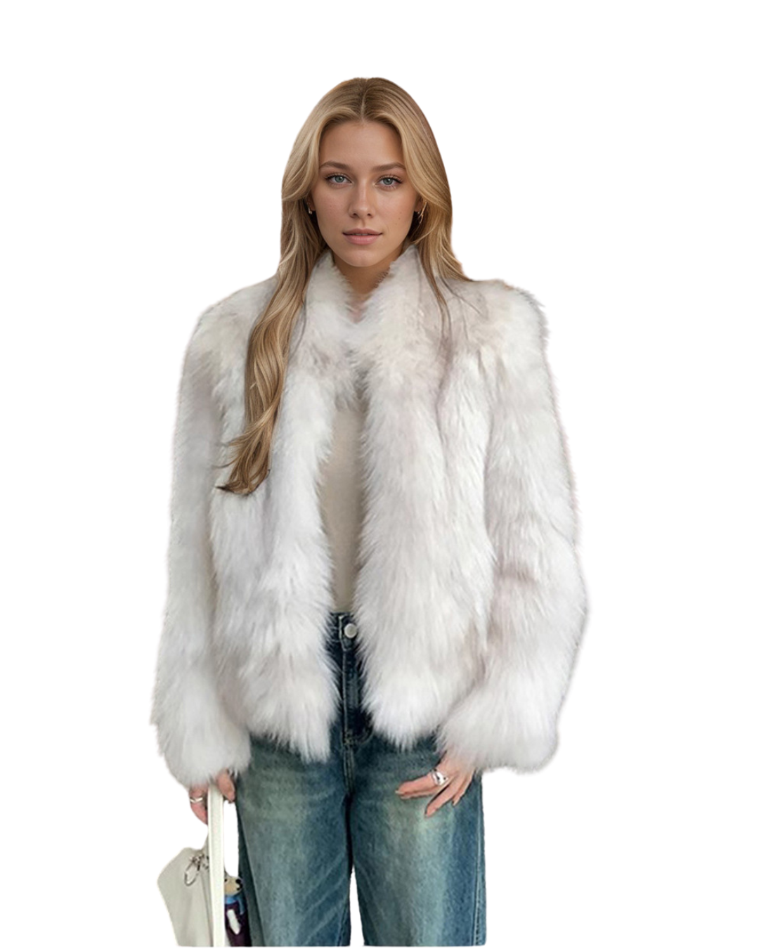 A blonde woman modeling a white faux fur jacket over a cream top and blue jeans, holding a small white handbag against a plain white background.