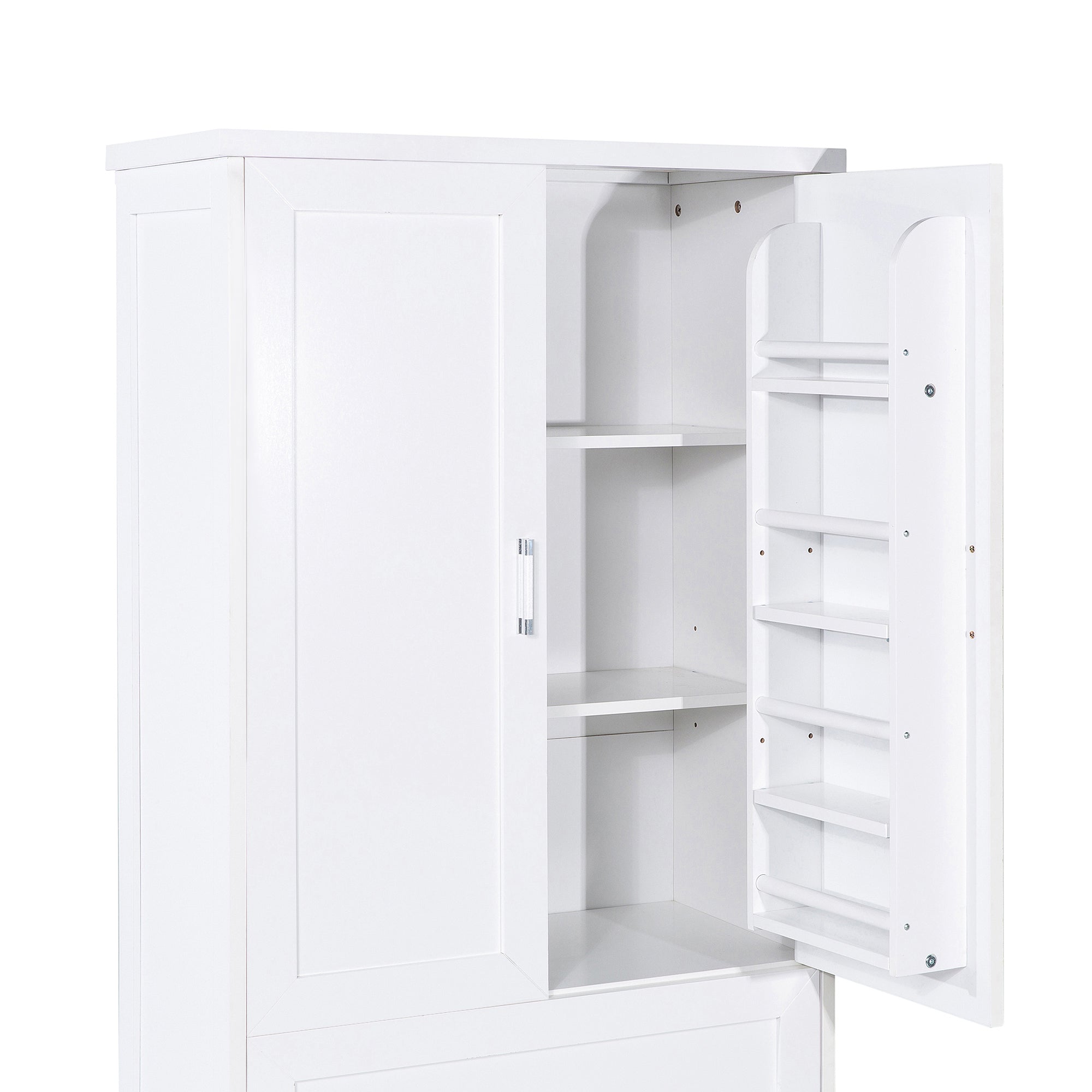 Tall white bathroom cabinet with drawers and double doors