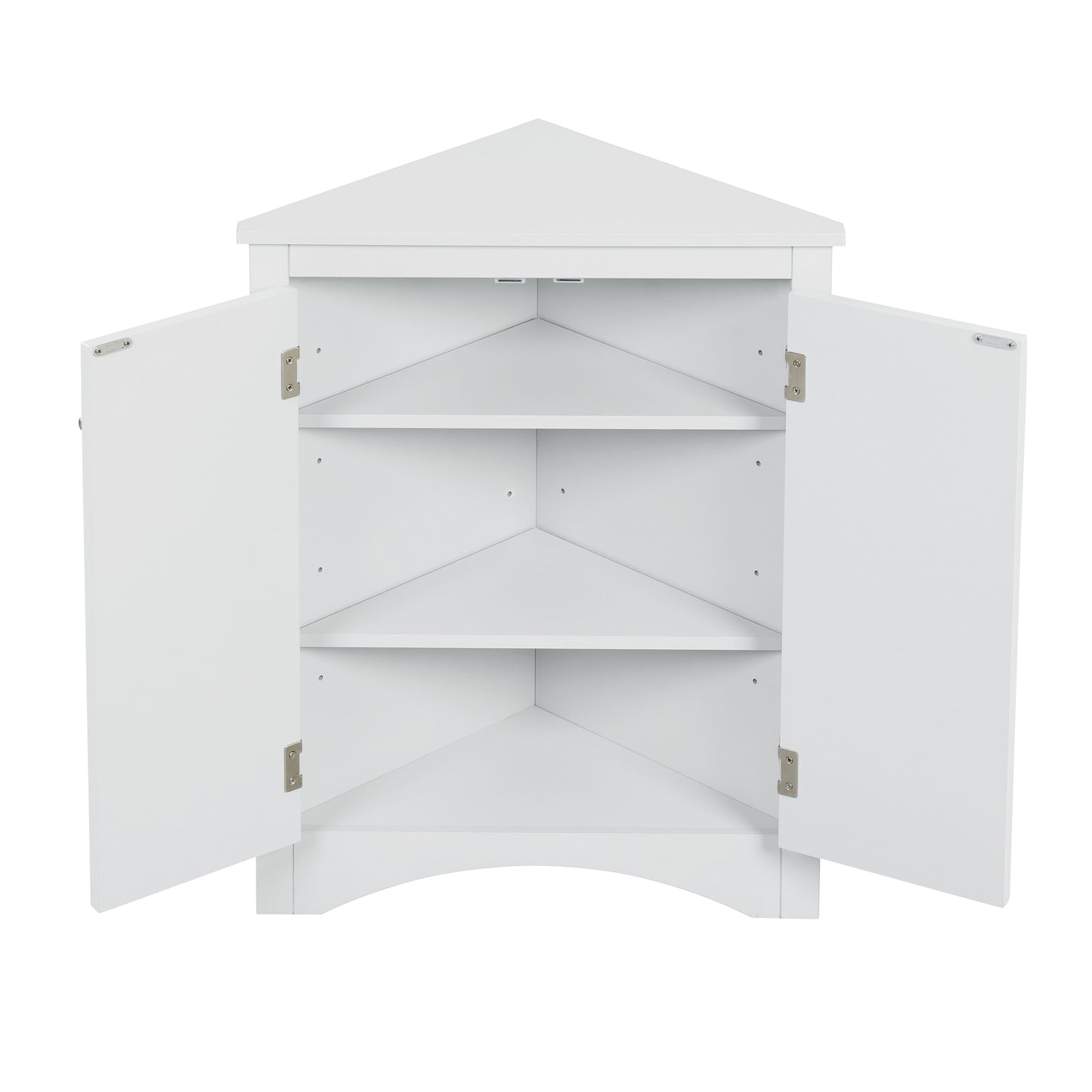 White triangle bathroom storage cabinet with a compact, space-saving design, featuring multiple shelves for organizing toiletries, towels, and other bathroom essentials. Made from durable materials, this sleek cabinet adds a functional and stylish touch to any bathroom decor.