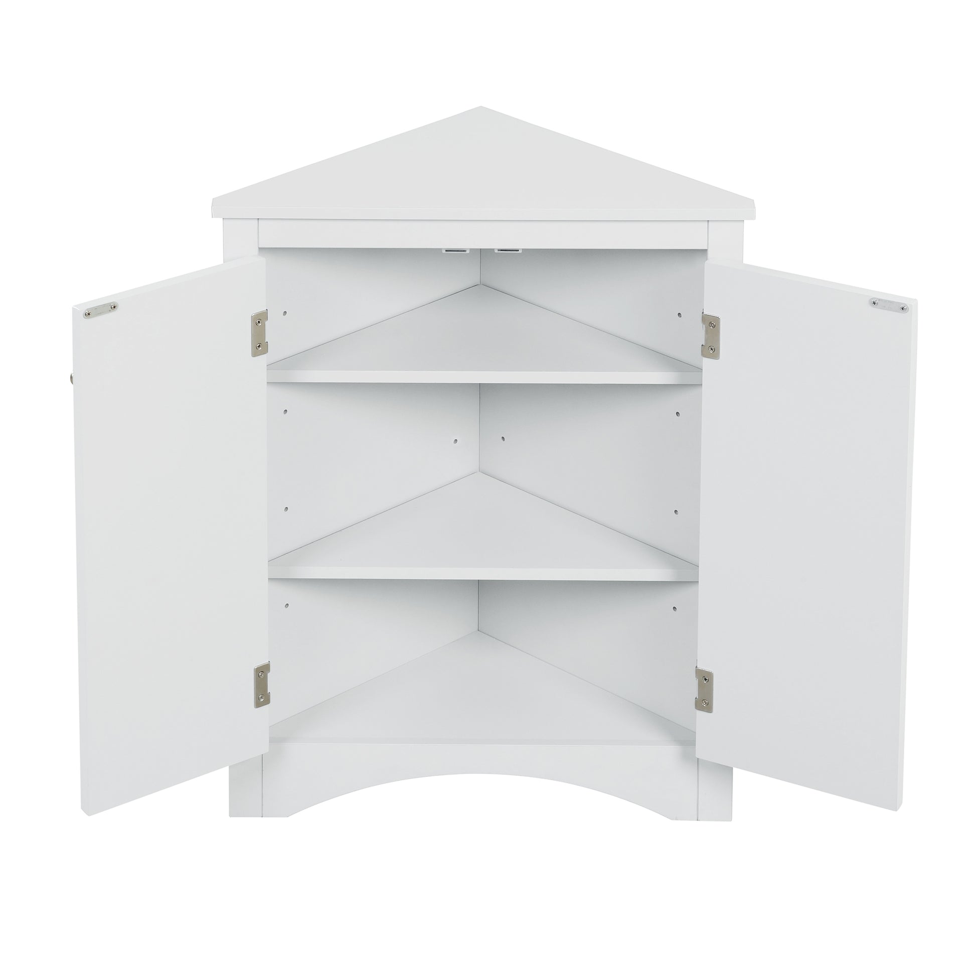 White triangle bathroom storage cabinet with a compact, space-saving design, featuring multiple shelves for organizing toiletries, towels, and other bathroom essentials. Made from durable materials, this sleek cabinet adds a functional and stylish touch to any bathroom decor.