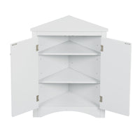 White triangle bathroom storage cabinet with a compact, space-saving design, featuring multiple shelves for organizing toiletries, towels, and other bathroom essentials. Made from durable materials, this sleek cabinet adds a functional and stylish touch to any bathroom decor.