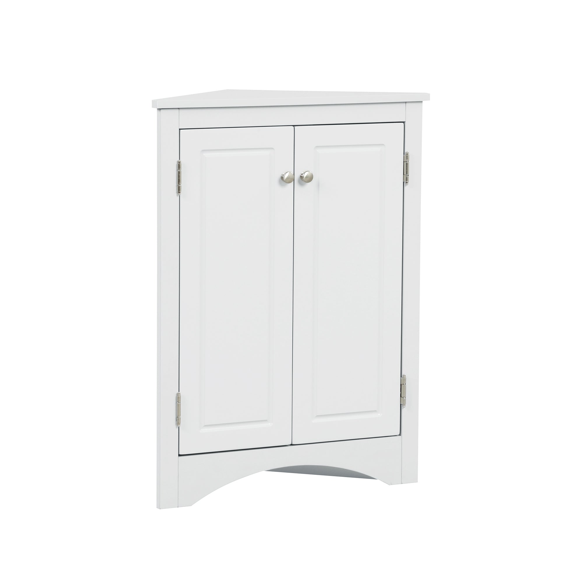 White triangle bathroom storage cabinet with a compact, space-saving design, featuring multiple shelves for organizing toiletries, towels, and other bathroom essentials. Made from durable materials, this sleek cabinet adds a functional and stylish touch to any bathroom decor.