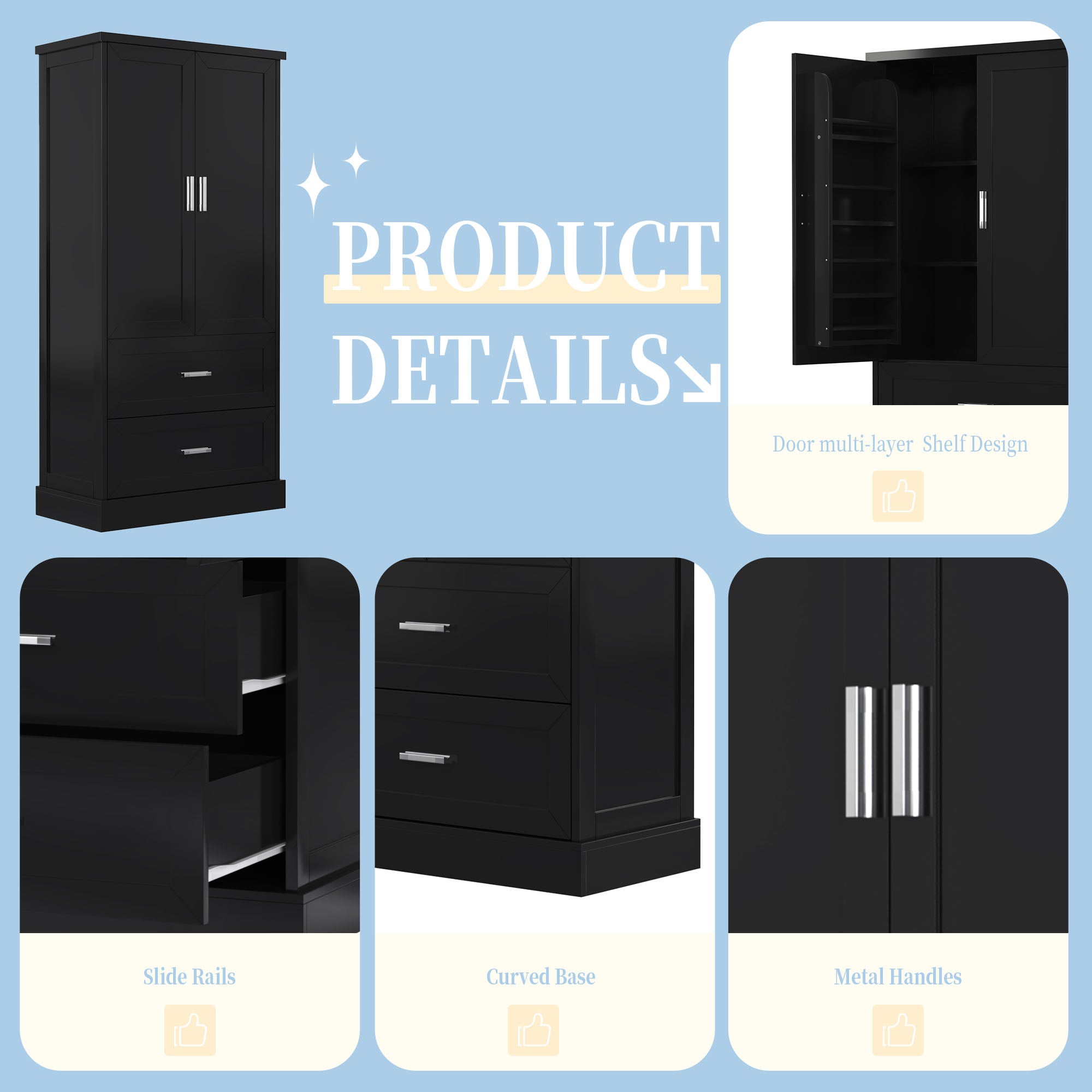 Tall black bathroom storage cabinet with doors and drawers