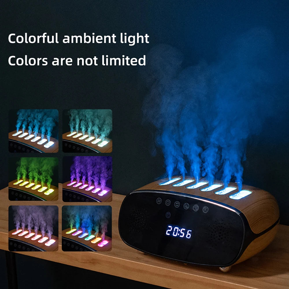 Music clock humidifier with a volcano light effect, combining a functional humidifier with a decorative LED light display and built-in music player, perfect for creating a relaxing atmosphere