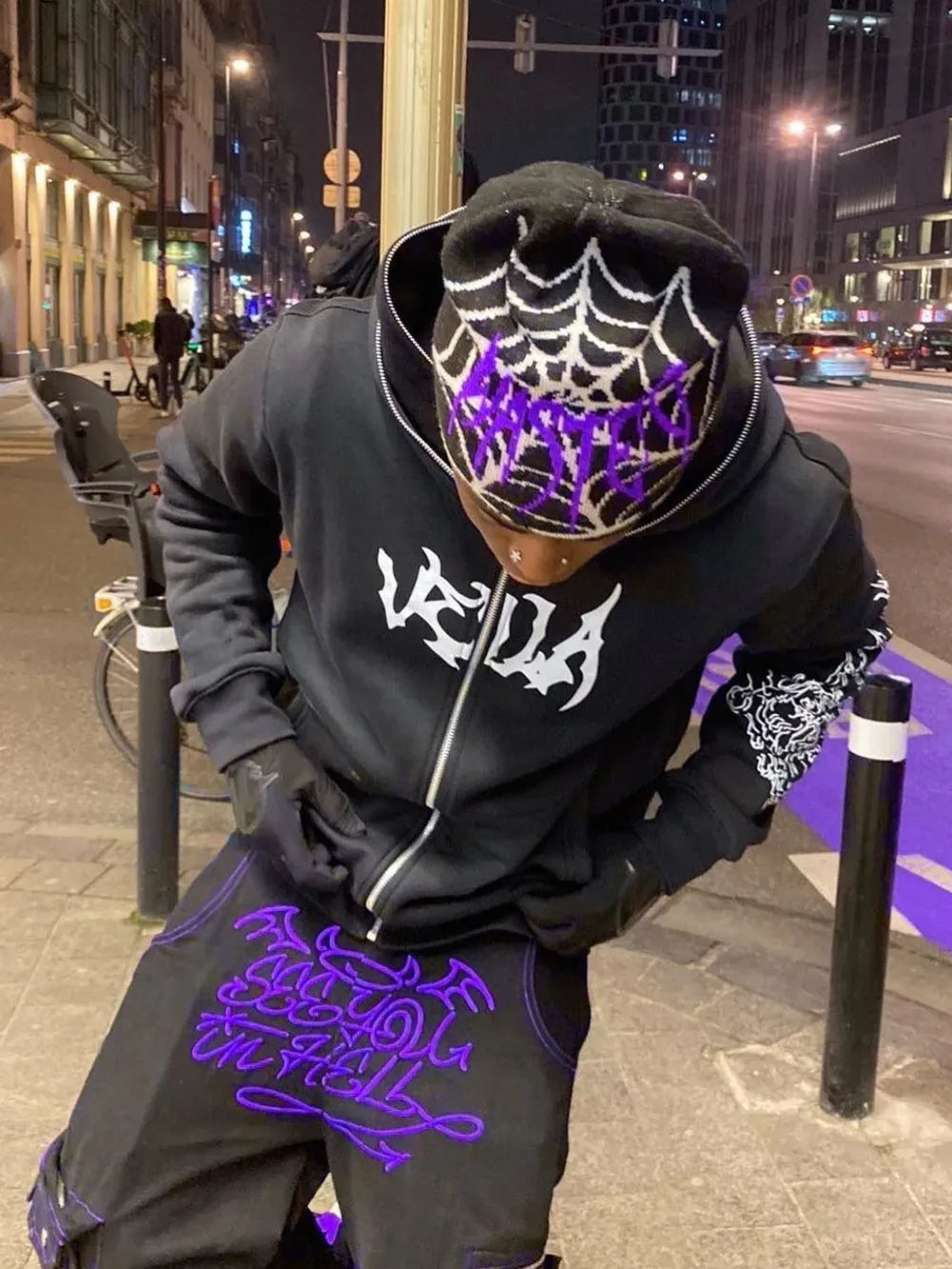 Men's zip-up hoodie with letter print – graphic streetwear style sweatshirt.

