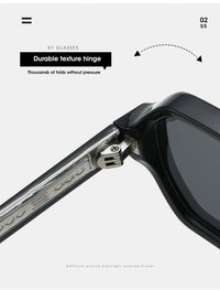 Close-up of a pair of black sunglasses showing the hinge and temple arm with text callouts reading 'XY GLASSES' and 'Durable texture hinge'.