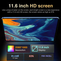 11.6 inch HD screen with colorful display and technical specifications on a dark background
