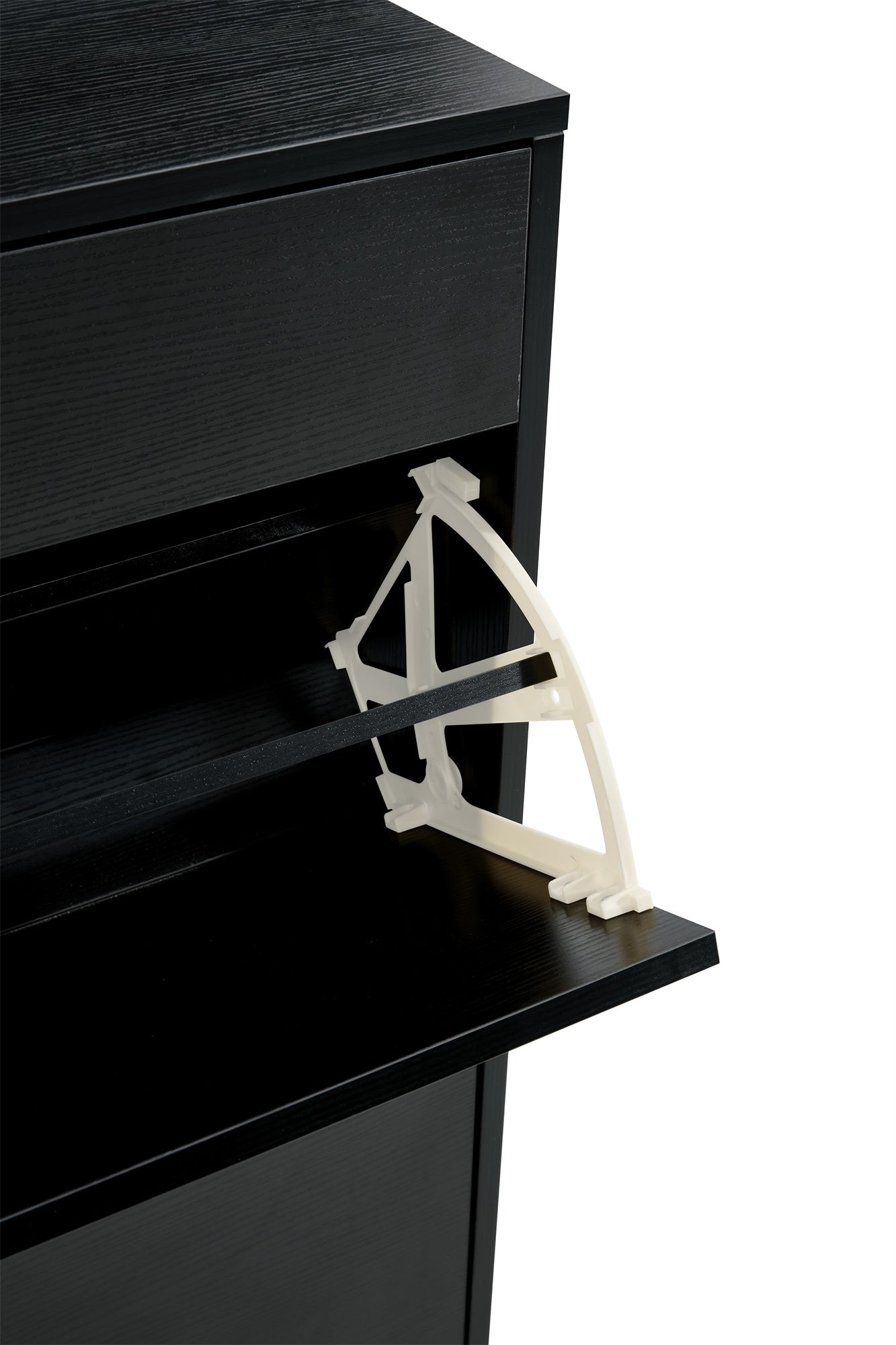 Black shoe cabinet with open shelves for footwear storage