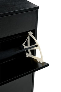 Black shoe cabinet with open shelves for footwear storage