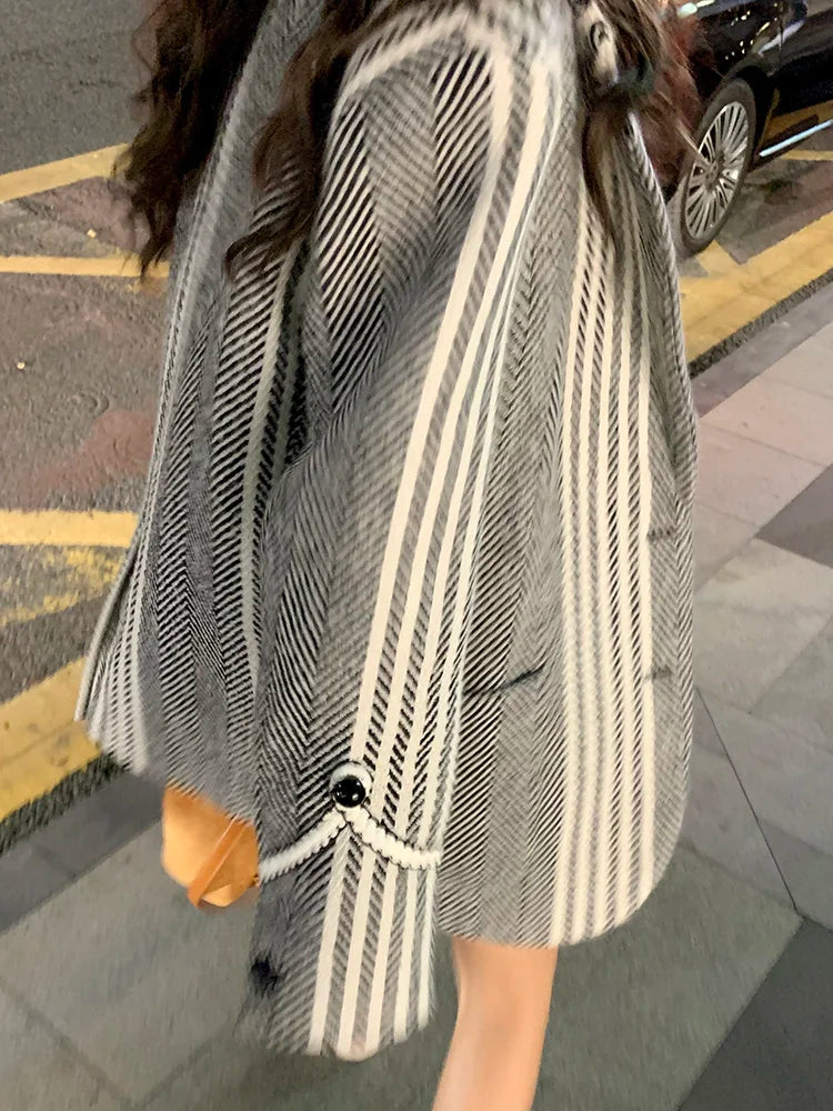 Vintage Striped Weave Woolen Blazer Coat for Women, Autumn Winter Casual Suit Jacket








