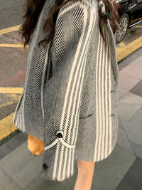 Vintage Striped Weave Woolen Blazer Coat for Women, Autumn Winter Casual Suit Jacket








