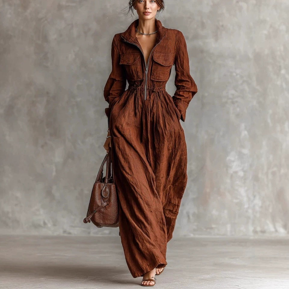 Women's Zipper Collar Elastic Waist Long Dress Hot Deal Warehouse