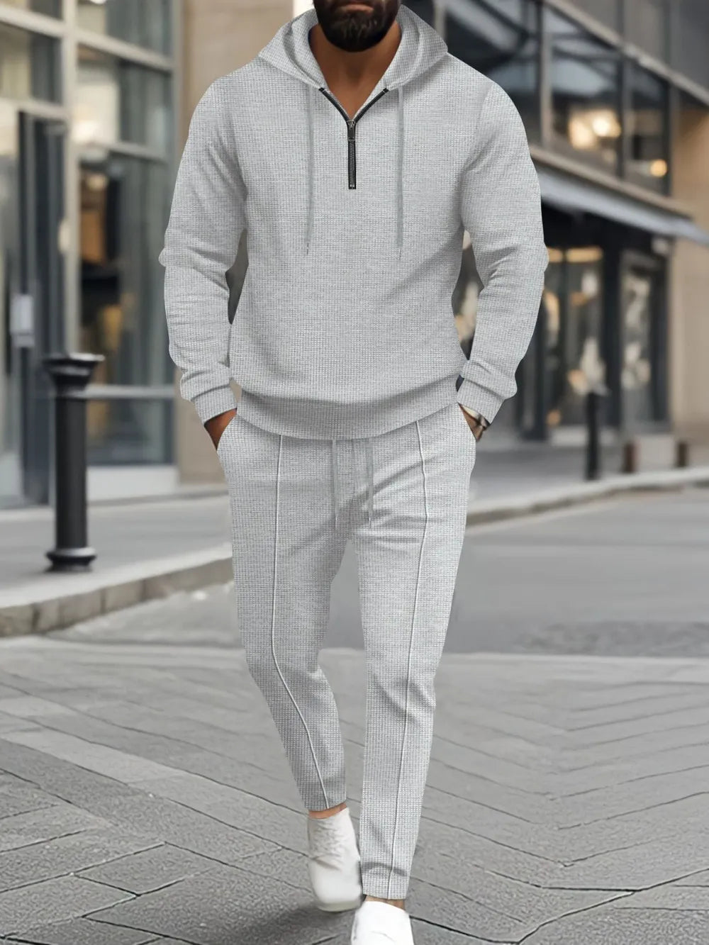 Men’s Full Size Waffle-Knit Hoodie and Jogger Pants Set – Casual Lounge Tracksuit

